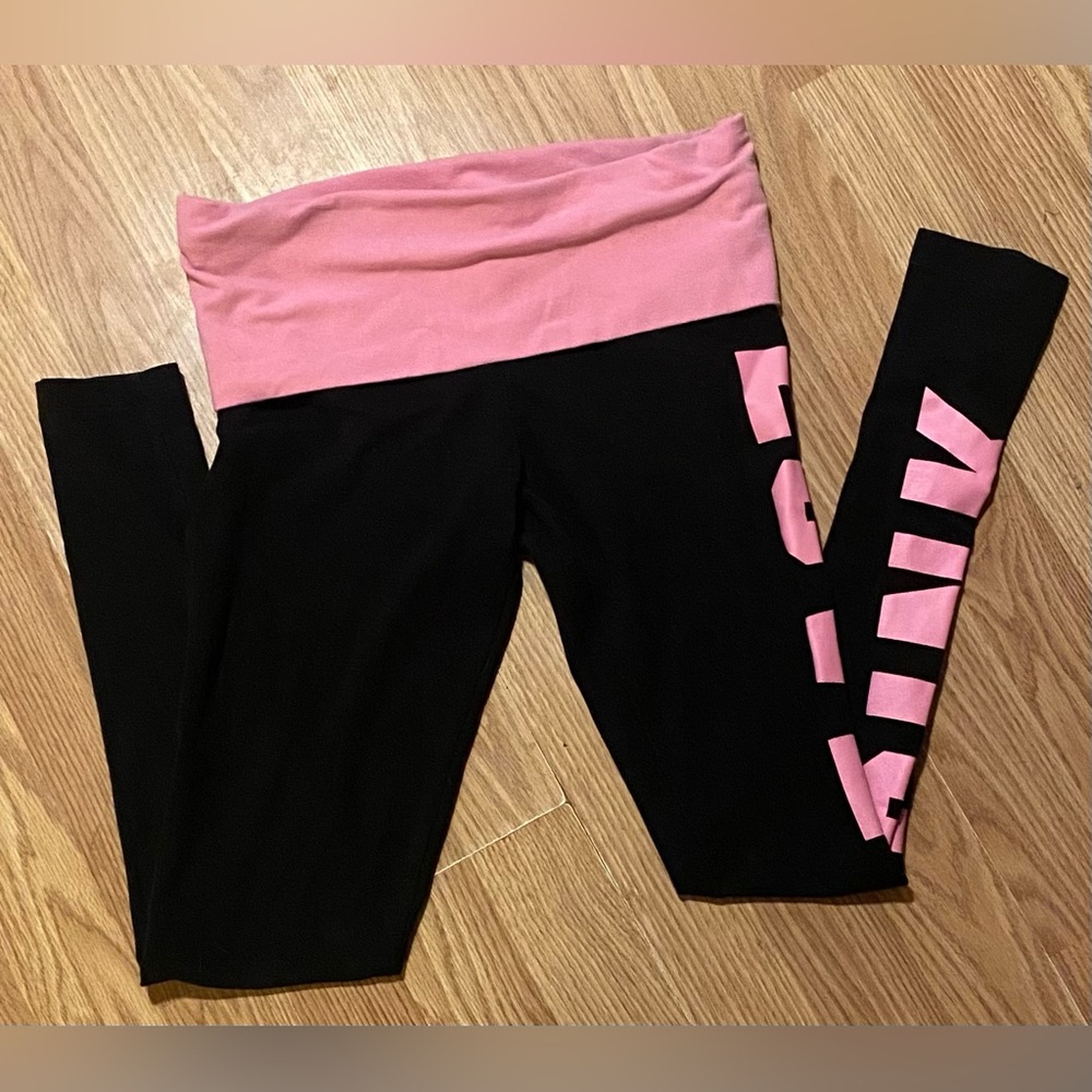PINK Vintage Victoria's Secret Black and Pink Women’s Leggings size S/P Y2K